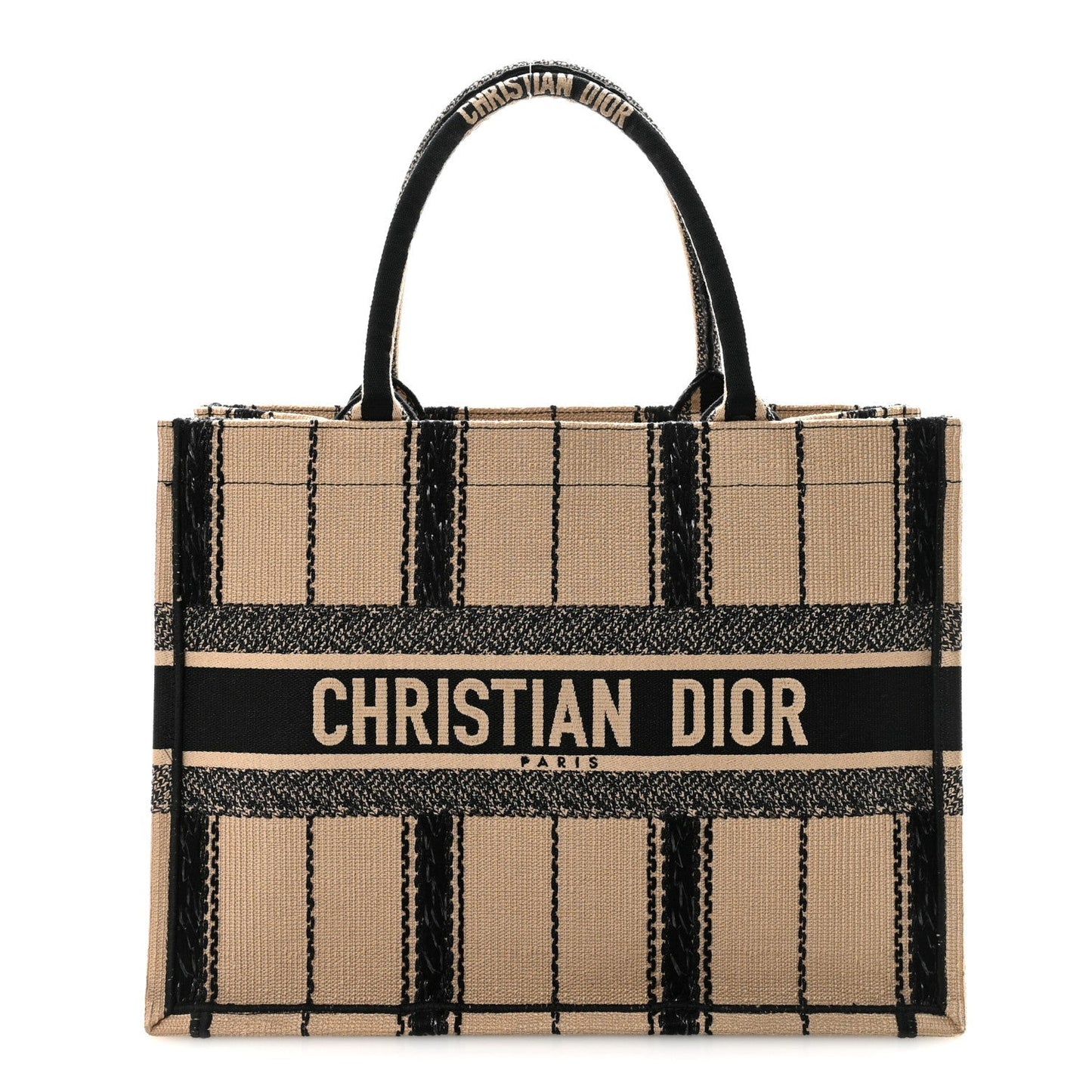 Canvas Embroidered Medium Bayadere Book Tote Black Beige