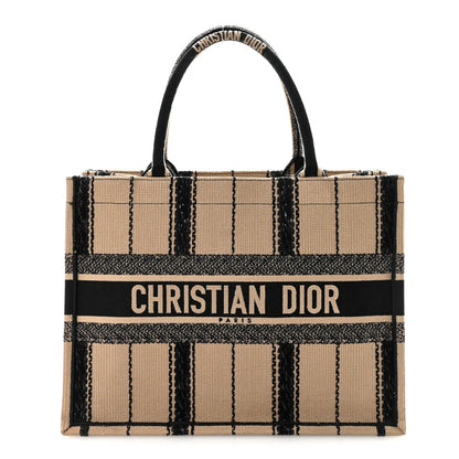 Canvas Embroidered Medium Bayadere Book Tote Black Beige