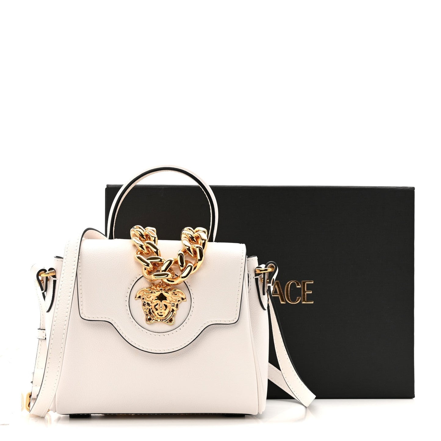 Grained Calfskin Small La Medusa Top Handle Bag Optical White