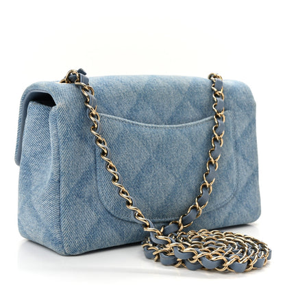 Printed Denim Quilted Mini Rectangular Flap Light Blue
