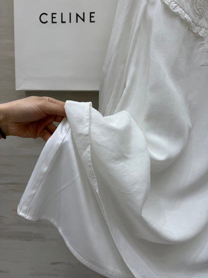 Celine 25 Long sleeve embroidered shirt dress White Cotton