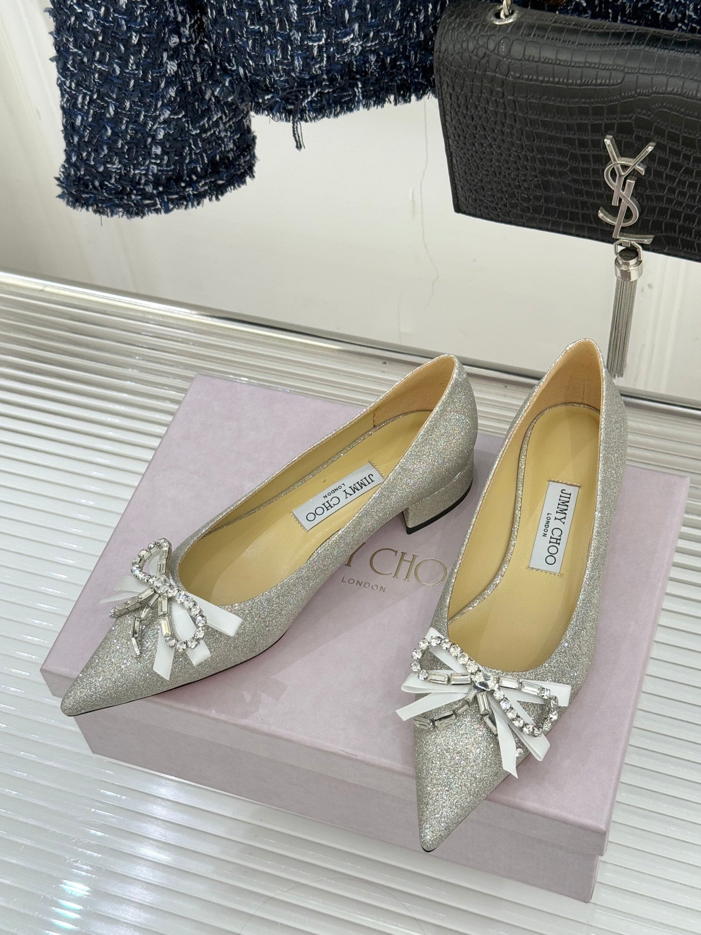 Jimmy Choo 26WF Pointed Toe Rhinestone Bow Chunky Heel Silver Sheepskin 573543