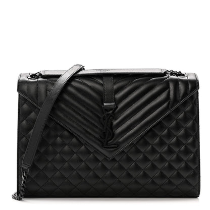 Grain De Poudre Textured Mixed Matelasse Large Triquilt Monogram Monochrome Satchel Black
