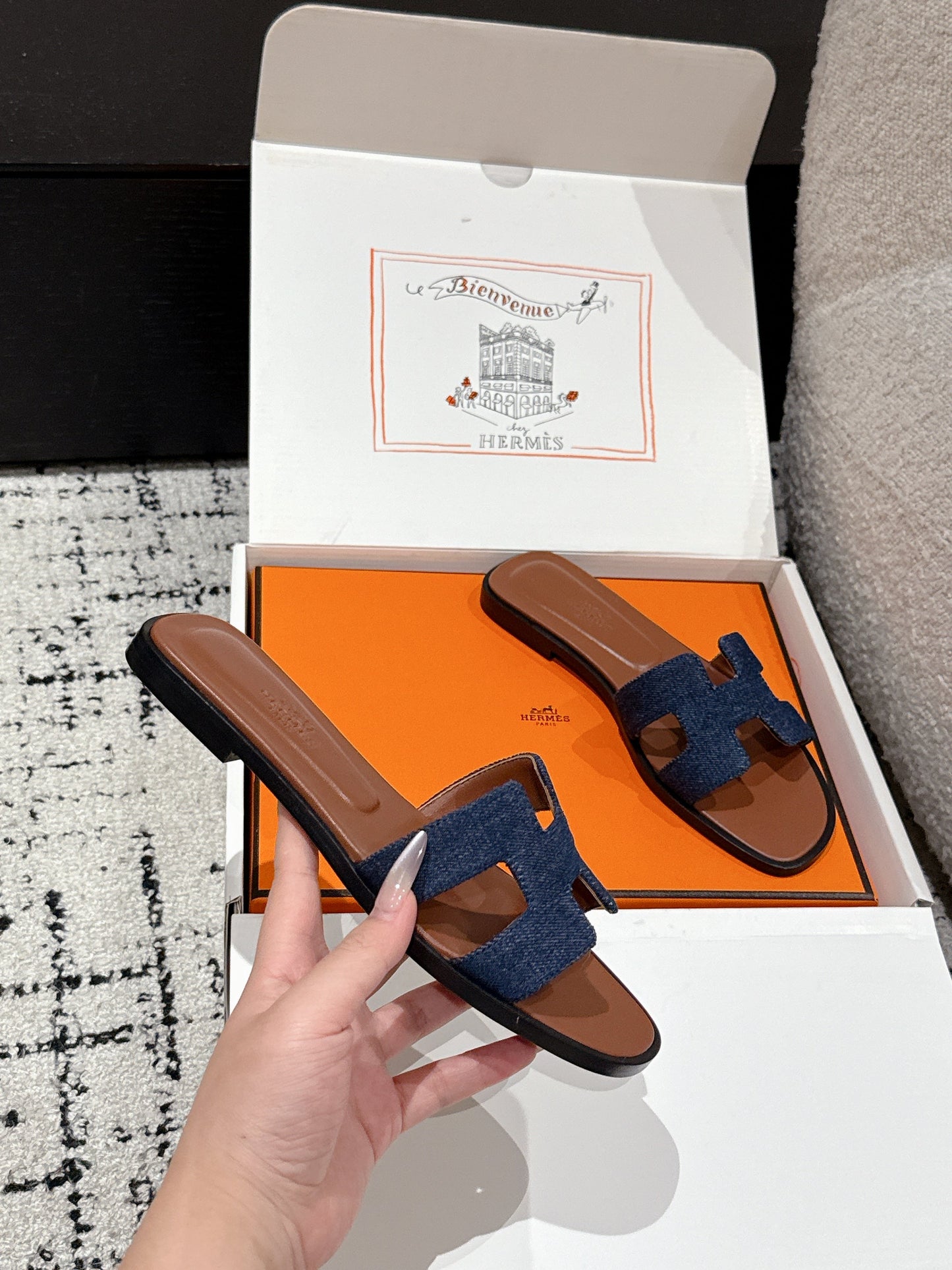 HM 25 Oran Sandal Brown Calfskin Dark Blue Denim