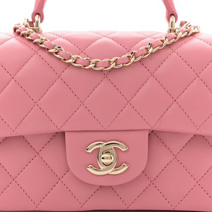 Lambskin Quilted Mini Top Handle Rectangular Flap Pink