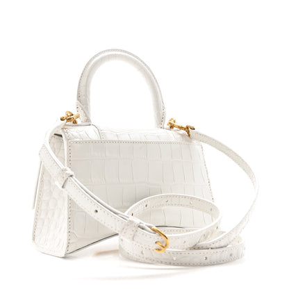 Shiny Calfskin Crocodile Embossed Hourglass Top Handle Bag XS White