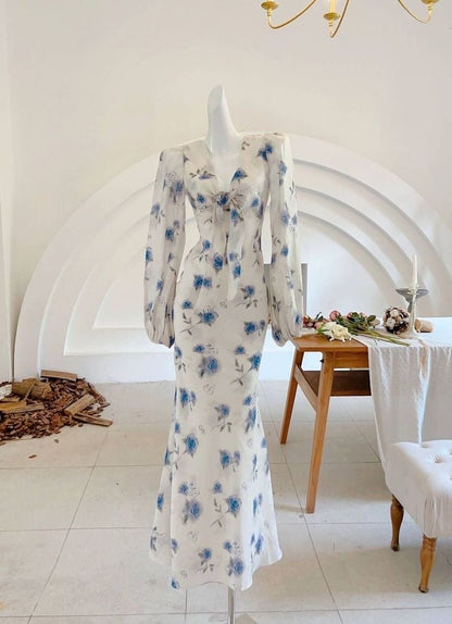 Elegant Mermaid Long Sleeve Blue Floral Chiffon Prom Dress Party Dress Outfits SH4075