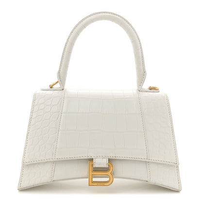 Calfskin Crocodile Embossed Small Hourglass Top Handle Bag White