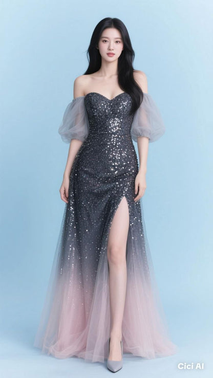 Pink Ombre Mermaid Off the Shoulder Sequin Tulle Prom Dress Party Dress 16th Birthday Dress SH4107