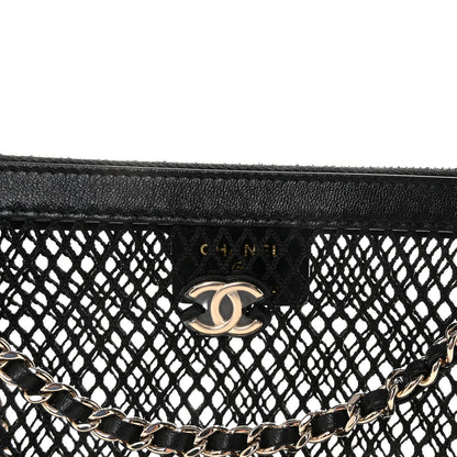 Mesh Shiny Lambskin Chain Hobo Black