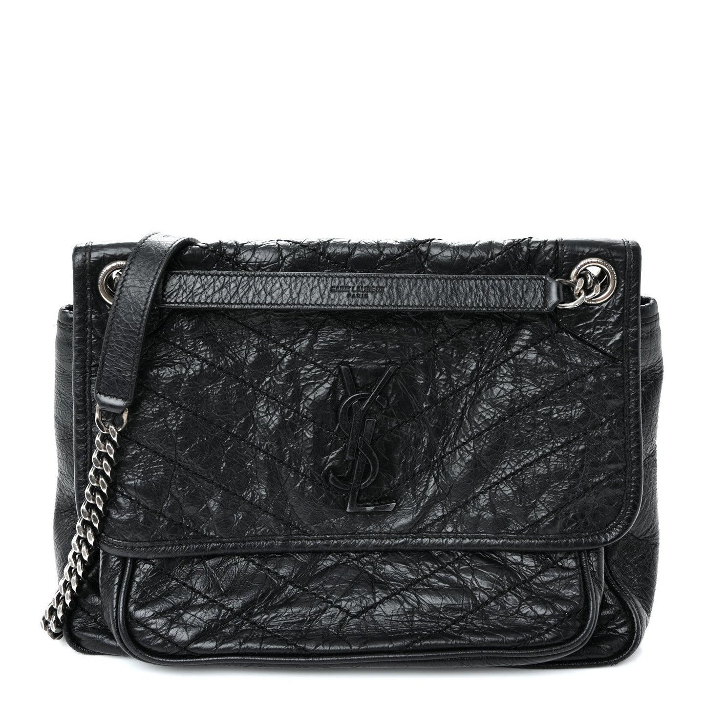 Crinkled Calfskin Matelasse Monogram Medium Niki Chain Satchel Black