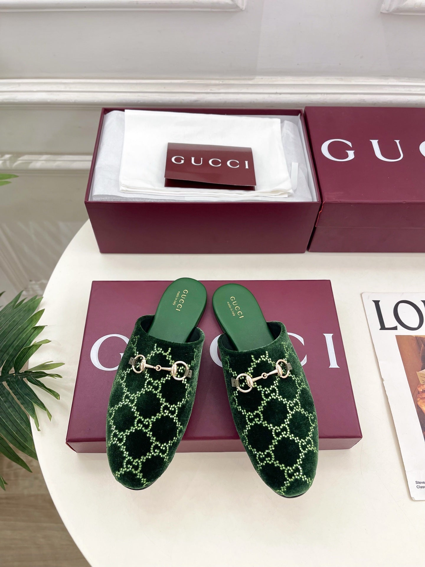 GG 26 Horsebit Flat Mules Rhinestones Dark Green Velvet 587082