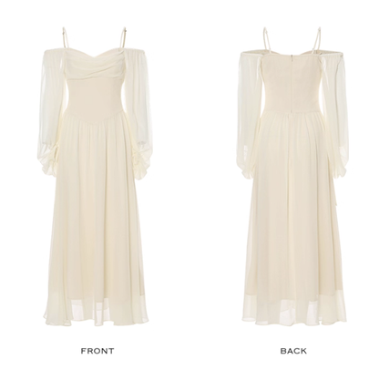 Ivory Gentle A Line Long Sleeve Chiffon Long Prom Dress Party Dress Outfits SH4149