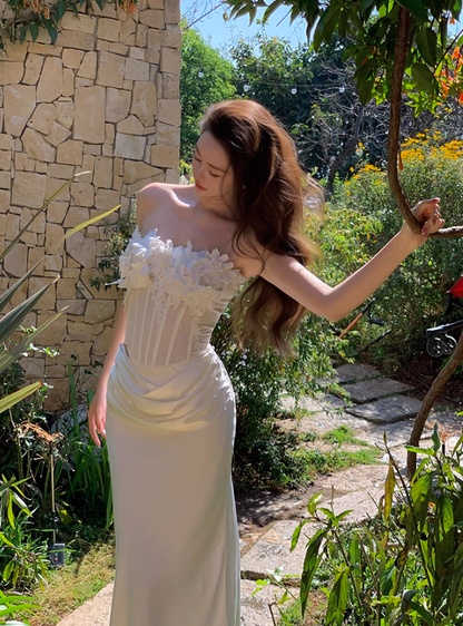 White Sheath Strapless Appliques Tulle Satin Prom Dress Formal Dress SH4169
