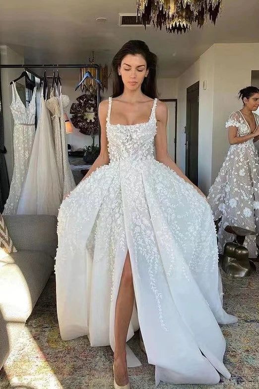 A Line Straps Long Wedding Dress with Lace Appliques, Gorgeous Bridal Gown with Slit       S6738