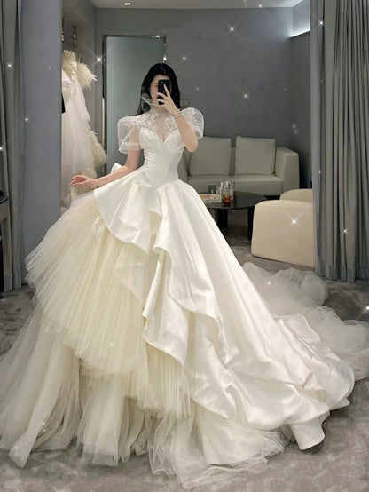 A Line Tulle Wedding Dresses Puff Sleeves Long Bridal Gowns    S6649