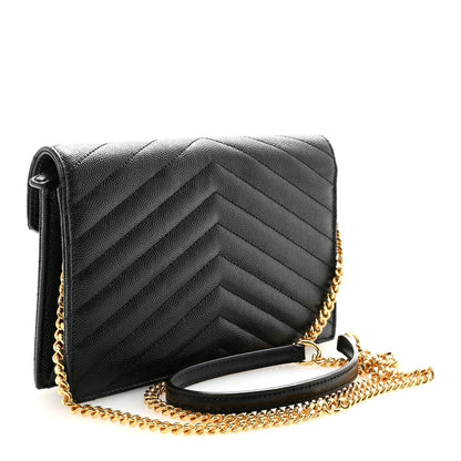 Grain De Poudre Matelasse Chevron Monogram Envelope Chain Wallet Black