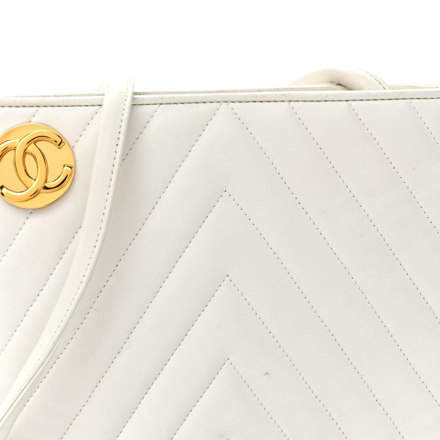 Lambskin Chevron Quilted CC Shoulder Bag White