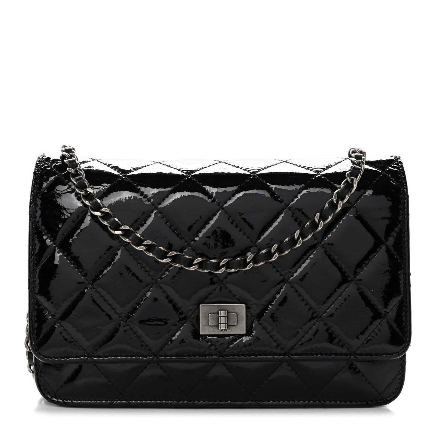 Distressed Patent Calfskin Quilted Reissue Wallet On Chain WOC Black