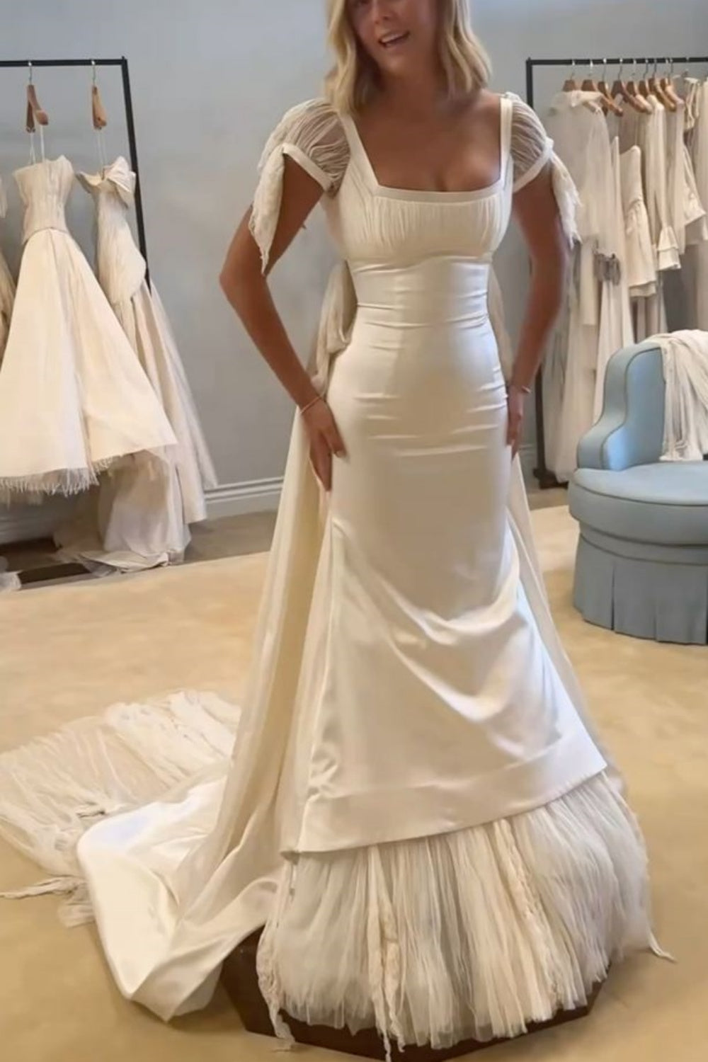 formaldressy-White Long Tulle Satin Short-Sleeved Ball Gown/Wedding Dress/Bridal Gown gh6271