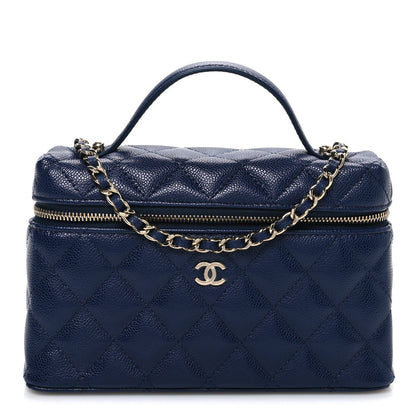 Caviar Quilted Top Handle Slim Vanity With Chain Navy