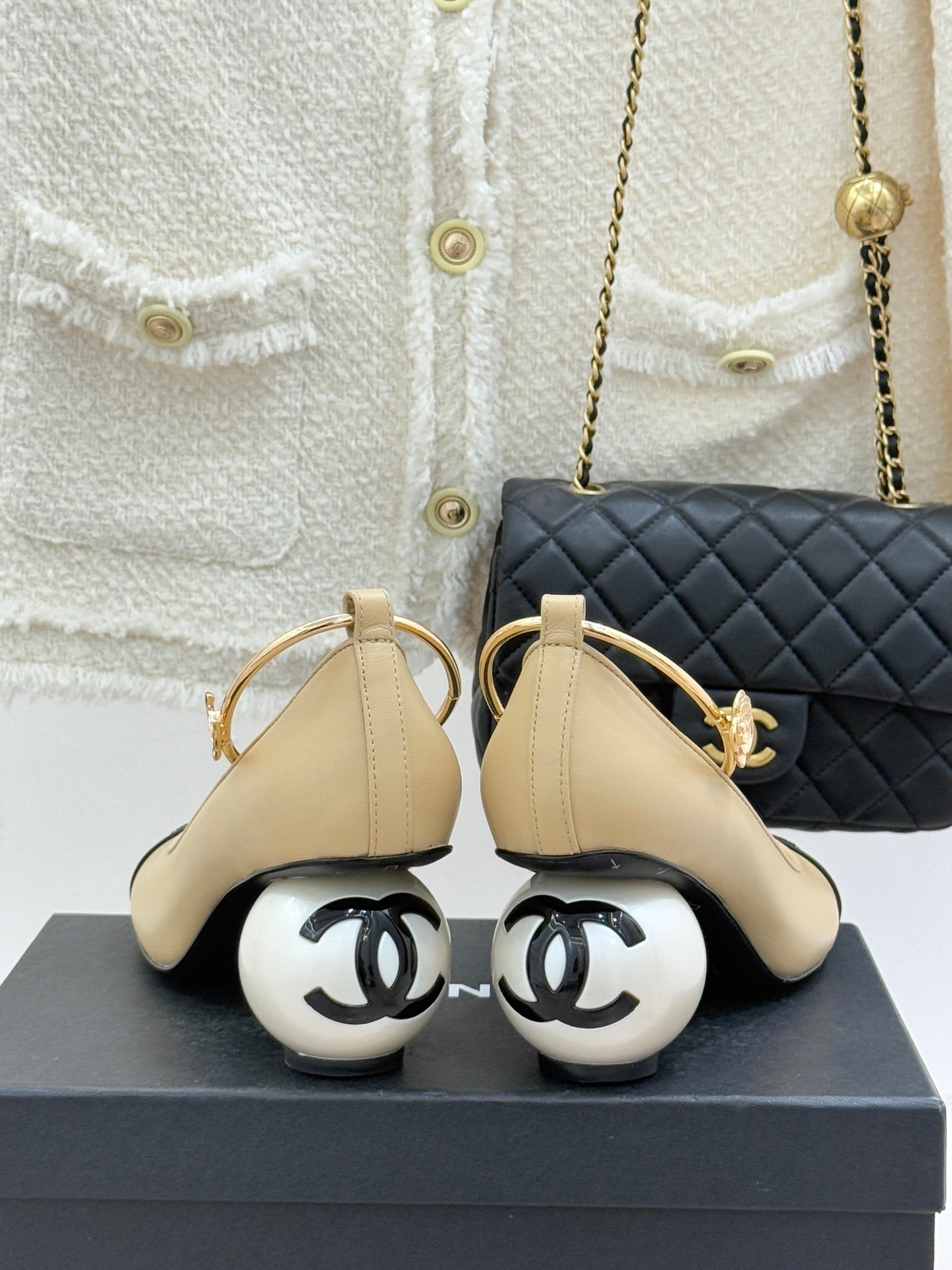 CC 26C Ribbon Camellia Mary Jane With Giant Pearl Black Beige Lambskin
