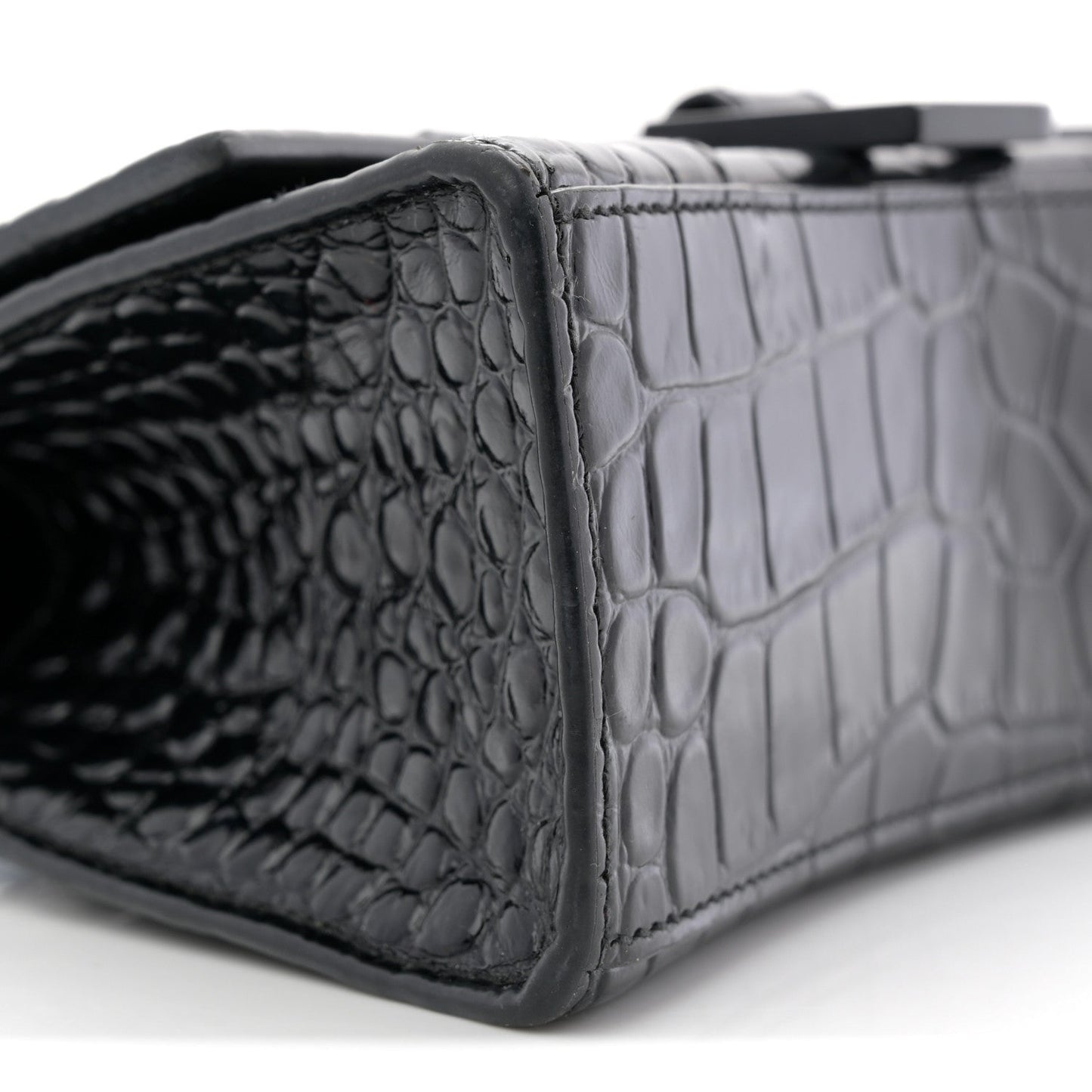 Shiny Calfskin Monochrome Crocodile Embossed Hourglass Top Handle Bag XS Black