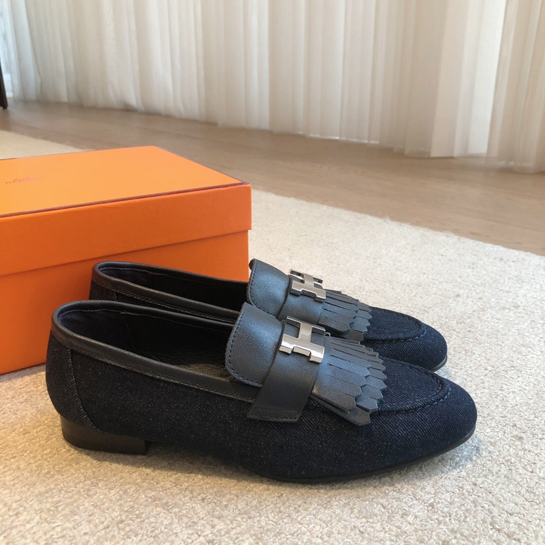 Royal Loafer Navy Blue Denim With Fringe Detail And Silver Signature Buckle 509435