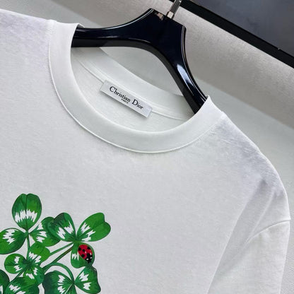 CD Fitted T-Shirt White Cotton Jersey with Green Dior Clover Motif