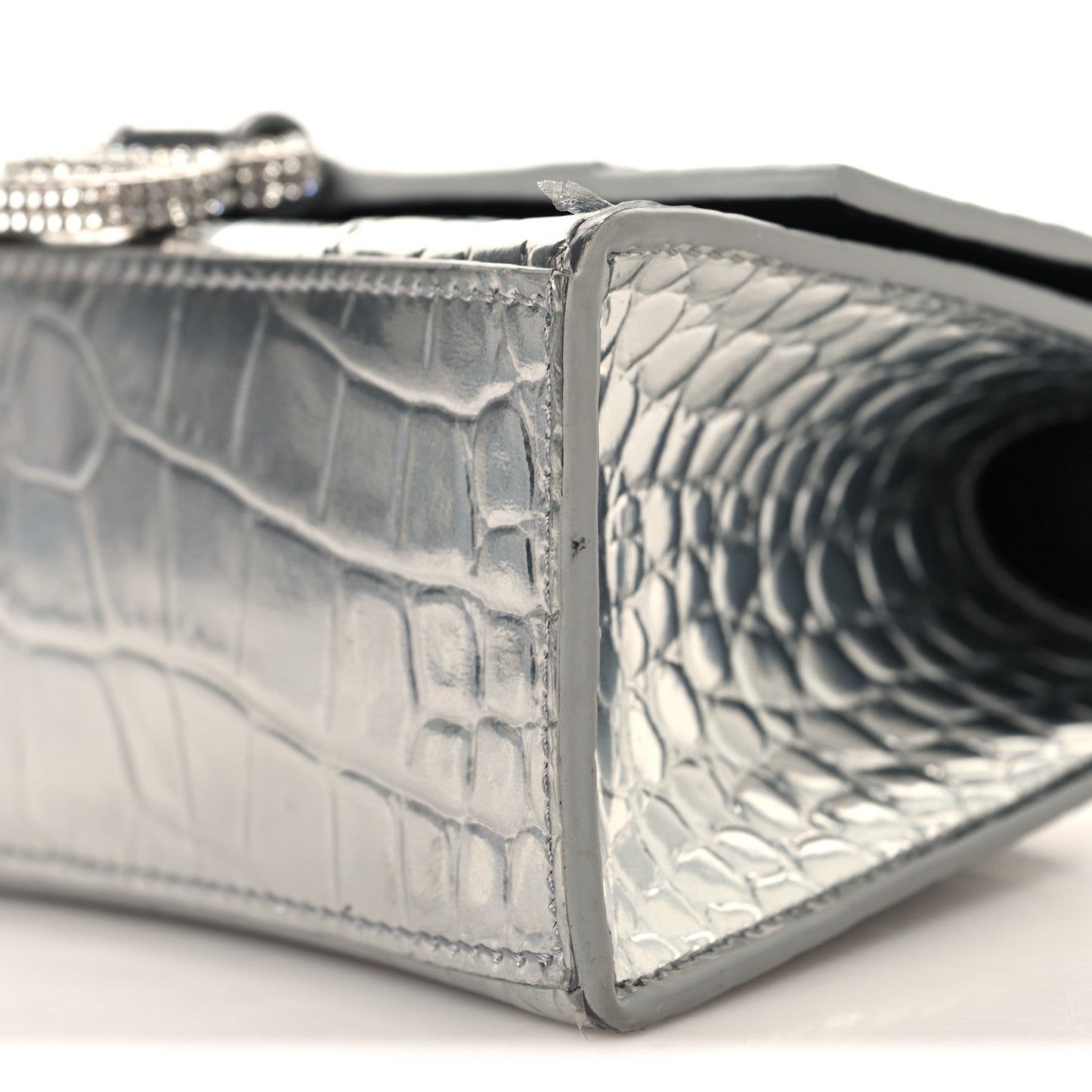 Metallic Calfskin Crocodile Embossed Crystal Hourglass Top Handle Bag XS Silver