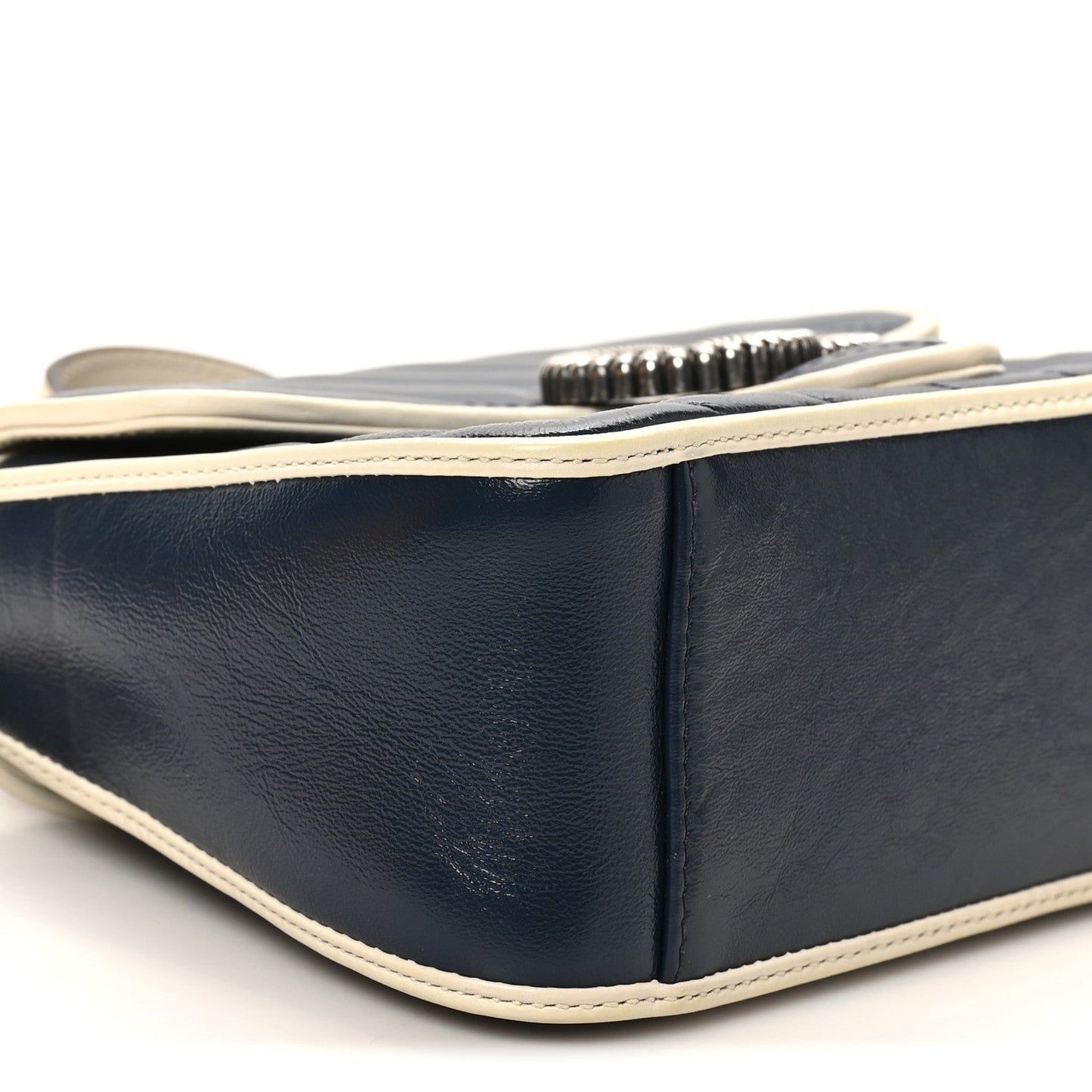 Vintage Effect Calfskin Matelasse Diagonal Mini Torchon GG Marmont Top Handle Shoulder Bag Blue Agata Mystic White