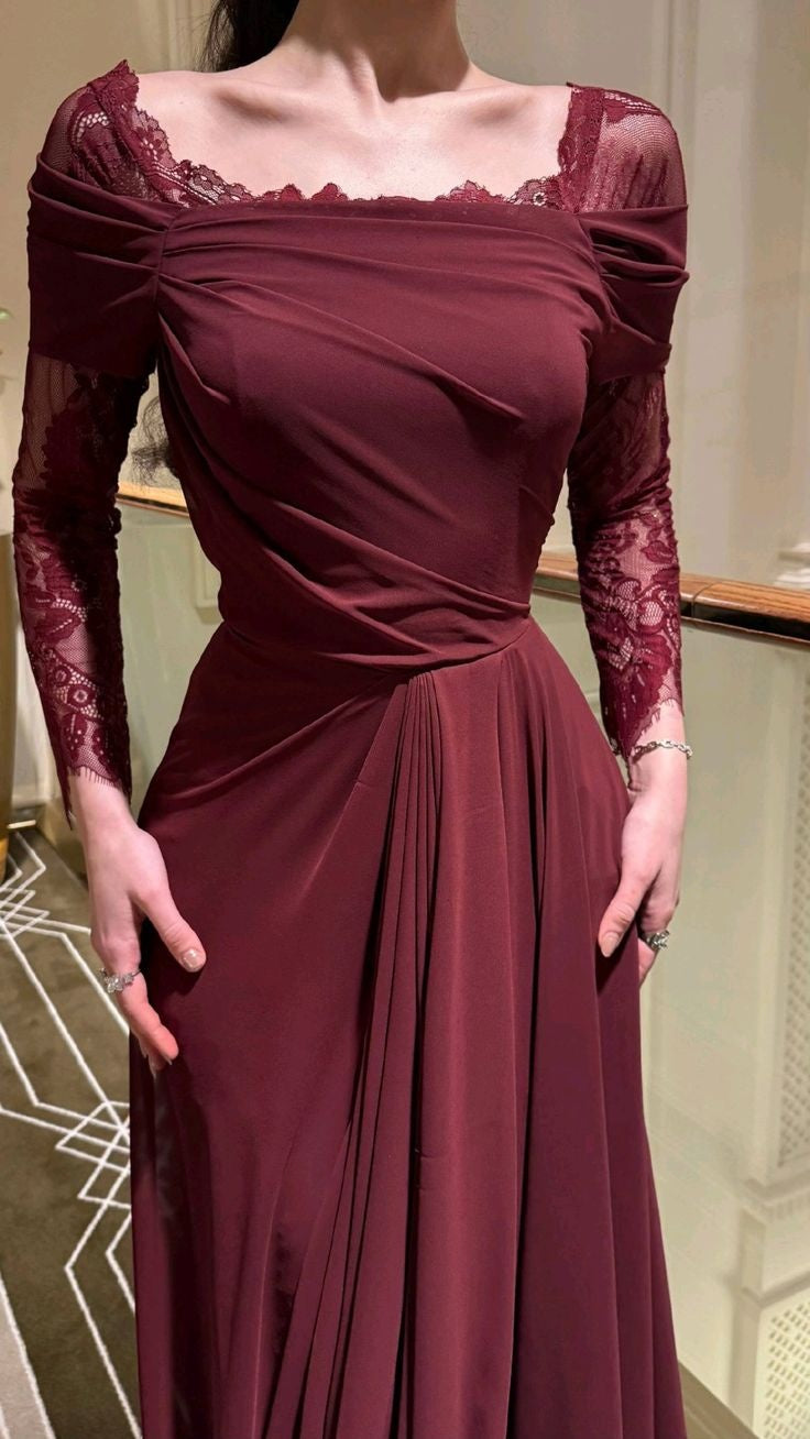 formaldressy-Red long-sleeved lace satin Prom dress gh6253