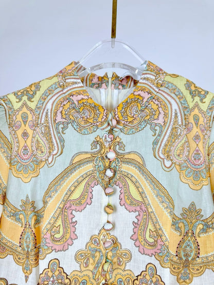 HIGH-NECK LONG-SLEEVE PRINTED DRESS IN PURPLE AND YELLOW