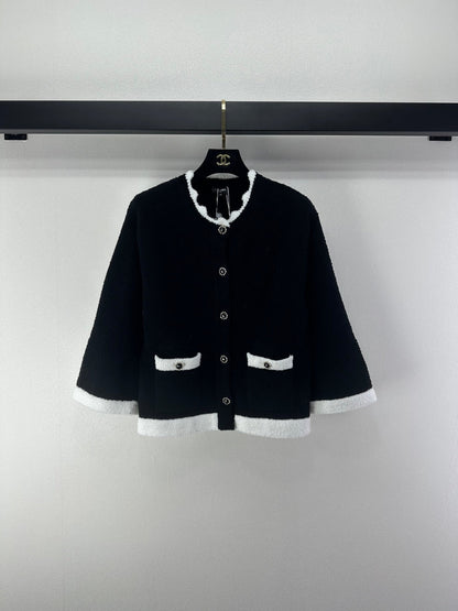 Chanel 2025 Round Neck Lace Cardigan Black White Wool 325690