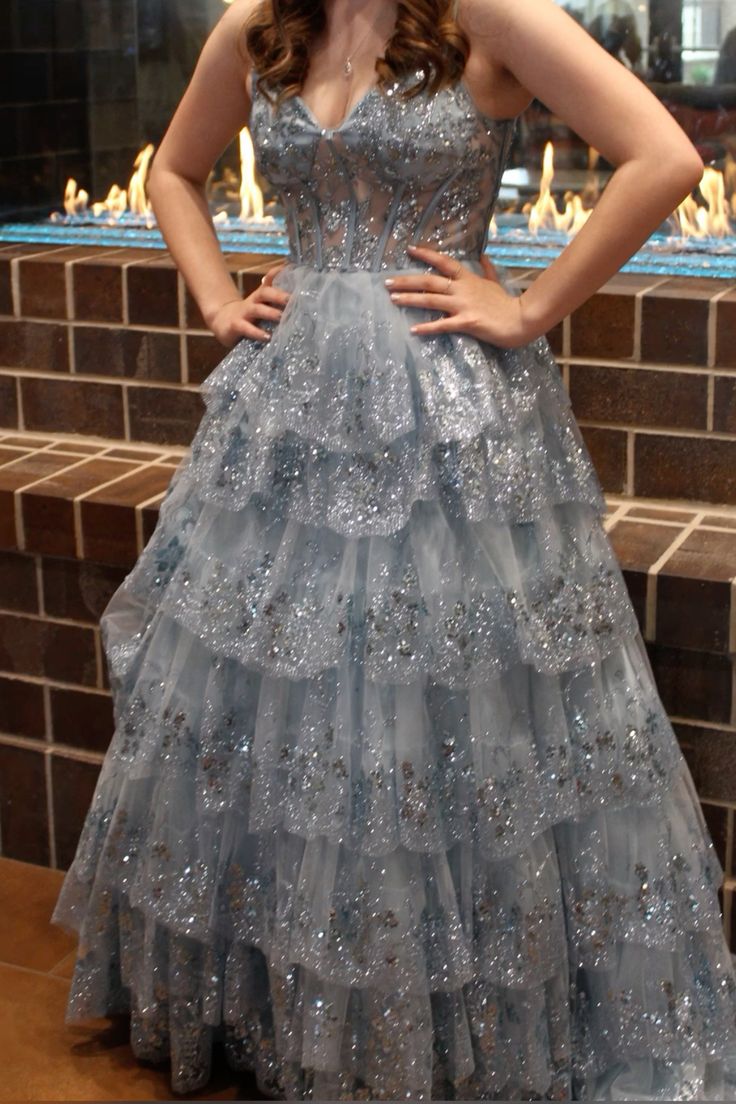 formaldressy-Gray/Blue Long Princess Sparkling Sequined Long Tulle Prom Dress Graduation Dress gh5925