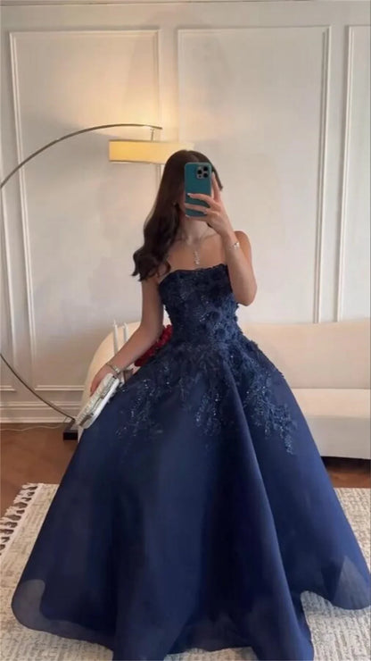 Custom Prom Dress Formal, Strapless A-line Floor-length Appliques Occasion Dresses Evening Dress   cg25897