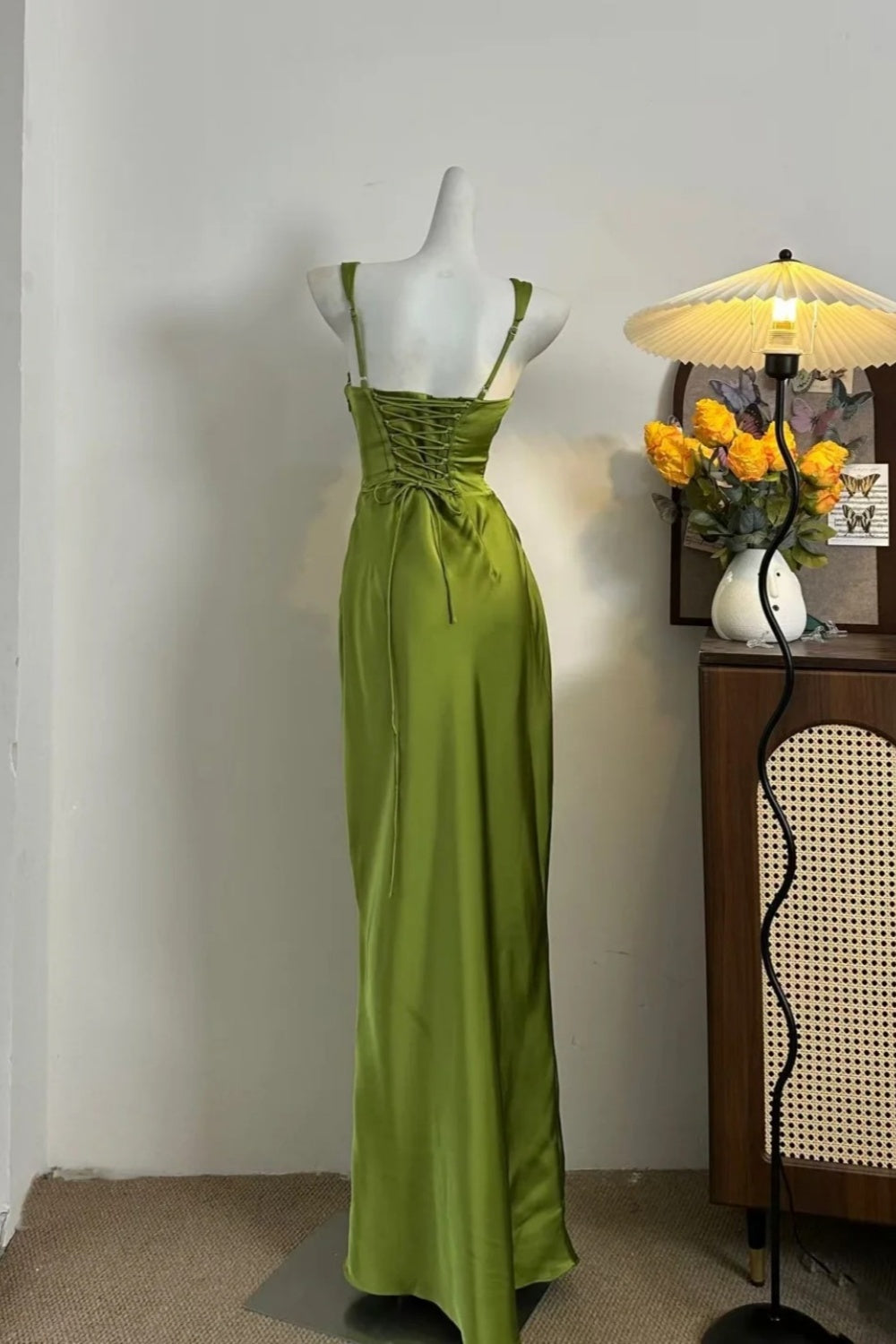 formaldressy-Olive Green Satin Spaghetti - Strap Prom Dress girl dress gh5844