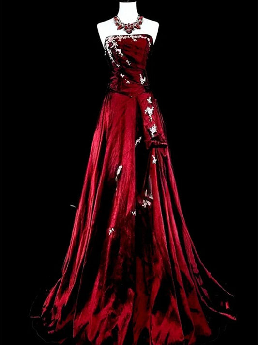 Wine Red Strapless Taffeta with Lace Applique Prom Dress, Wine Red Long Evening Dress
