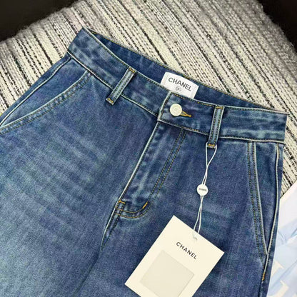 Chanel 2025 Double C Logo Beaded Straight-leg Jeans Blue Cotton 319001