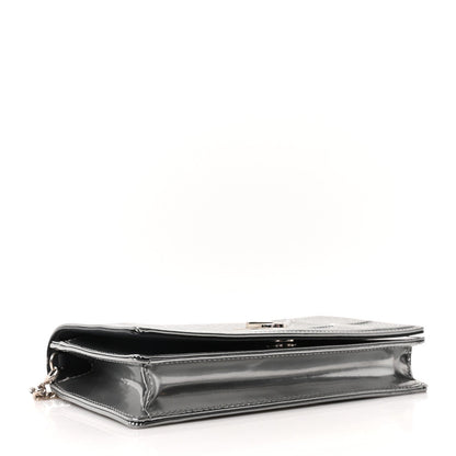 Metallic Patent Micro-Cannage Diorama Wallet on Chain Pouch Silver