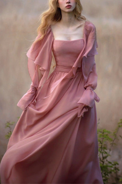 formaldressy-Vintage elegant long sleeve A-line pink chiffon formal prom dress prom dress gh5751