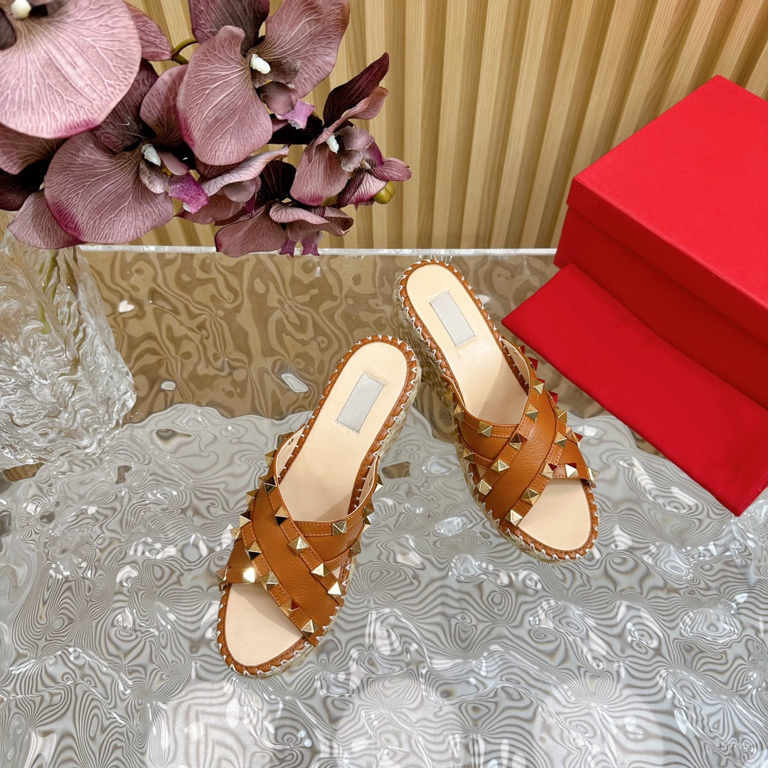 Rockstud Crisscross Espadrilles 80mm Sandal Wedges Brown