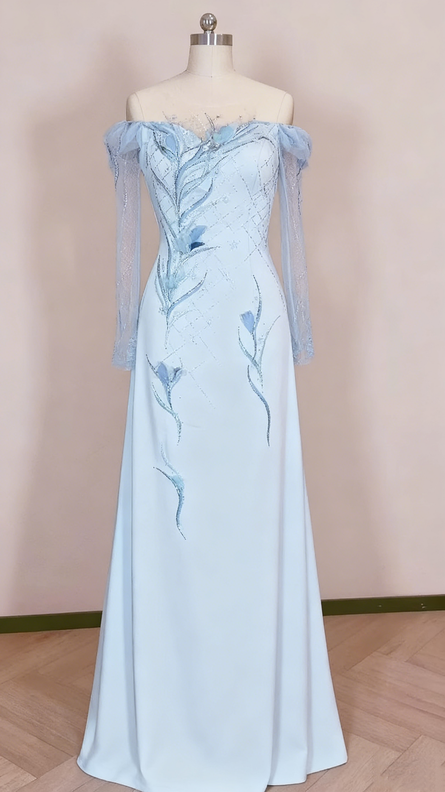 Formal Dress Light Blue Satin Sheer Long-Sleeve Beaded Floral Floor-Length Gown  gh6389