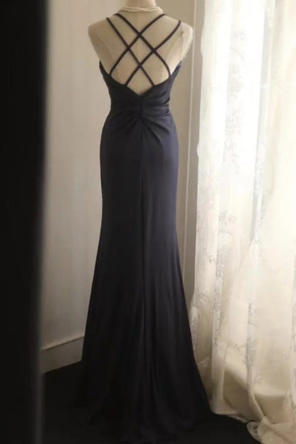 formaldressy-Elegant navy blue spaghetti strap deep V neck waist dress, vintage embellished elegant long evening gown  gh5826