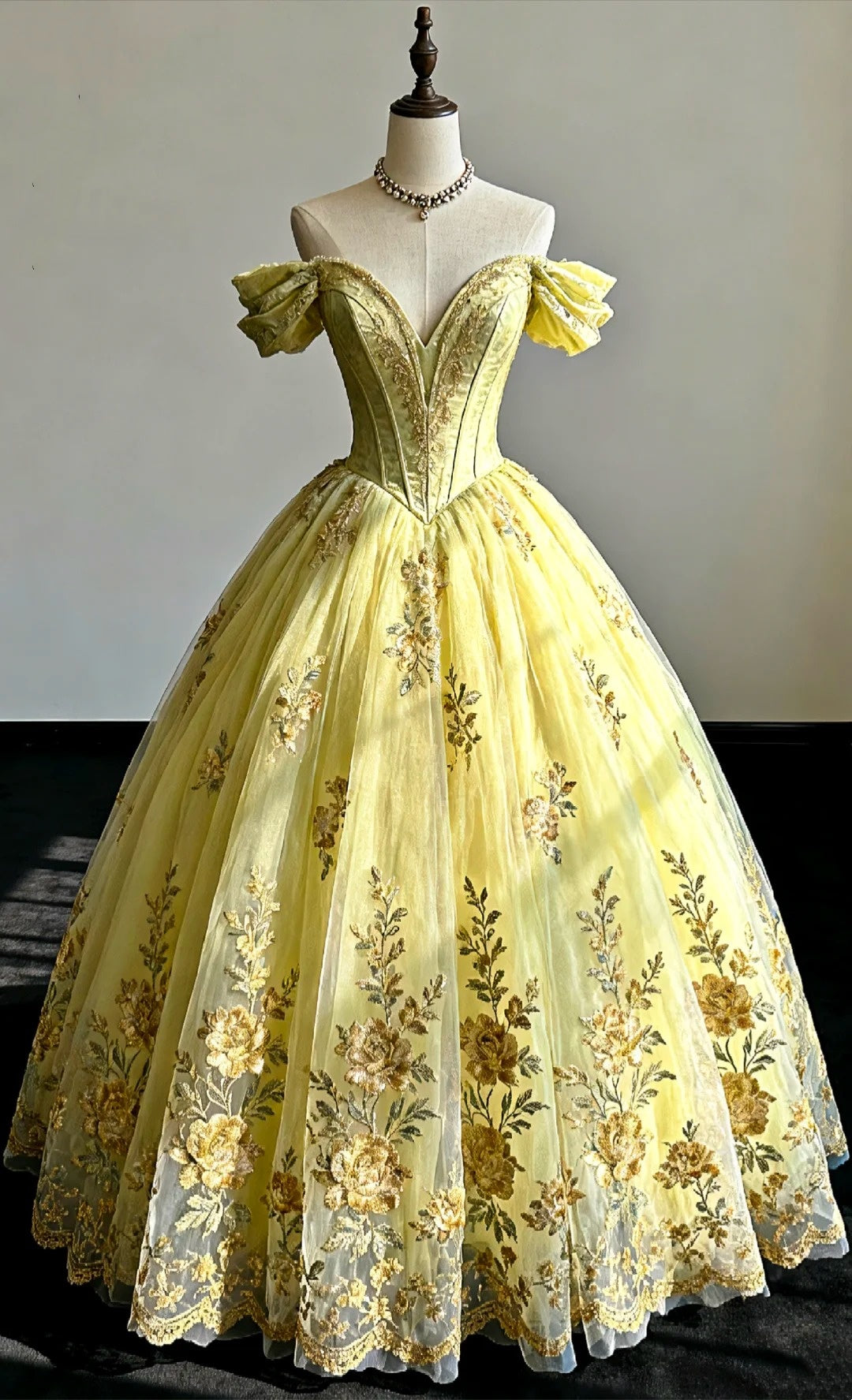 formaldressy-Yellow vintage floral long tulle ball gown gh6240