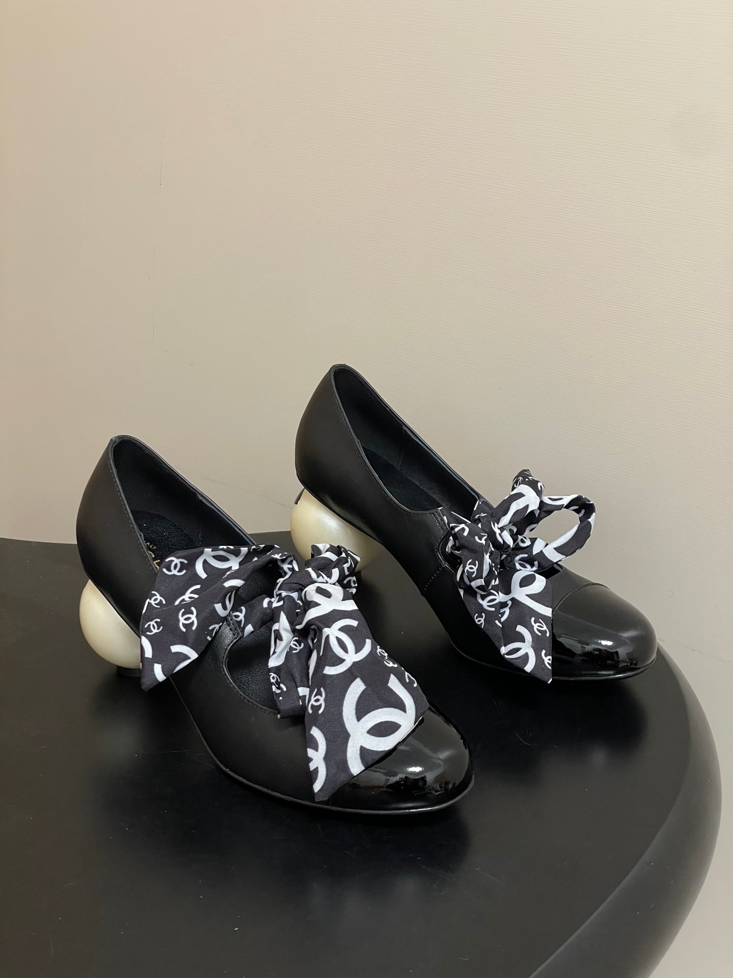 CC 26 Double C Pearl Heel Pump With Silk Ribbon Black Sheepskin 593158