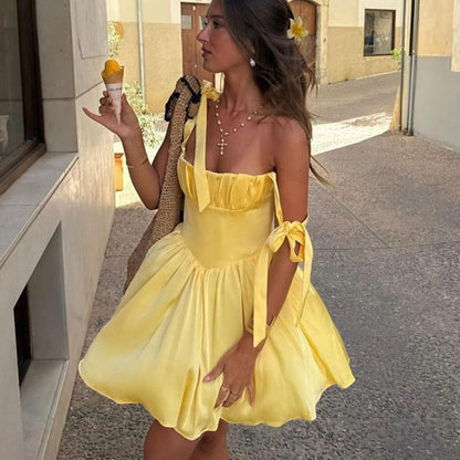 formaldressy-Yellow Fashion Sweet Short Satin Homecoming Dress Birthday Dress gh5270