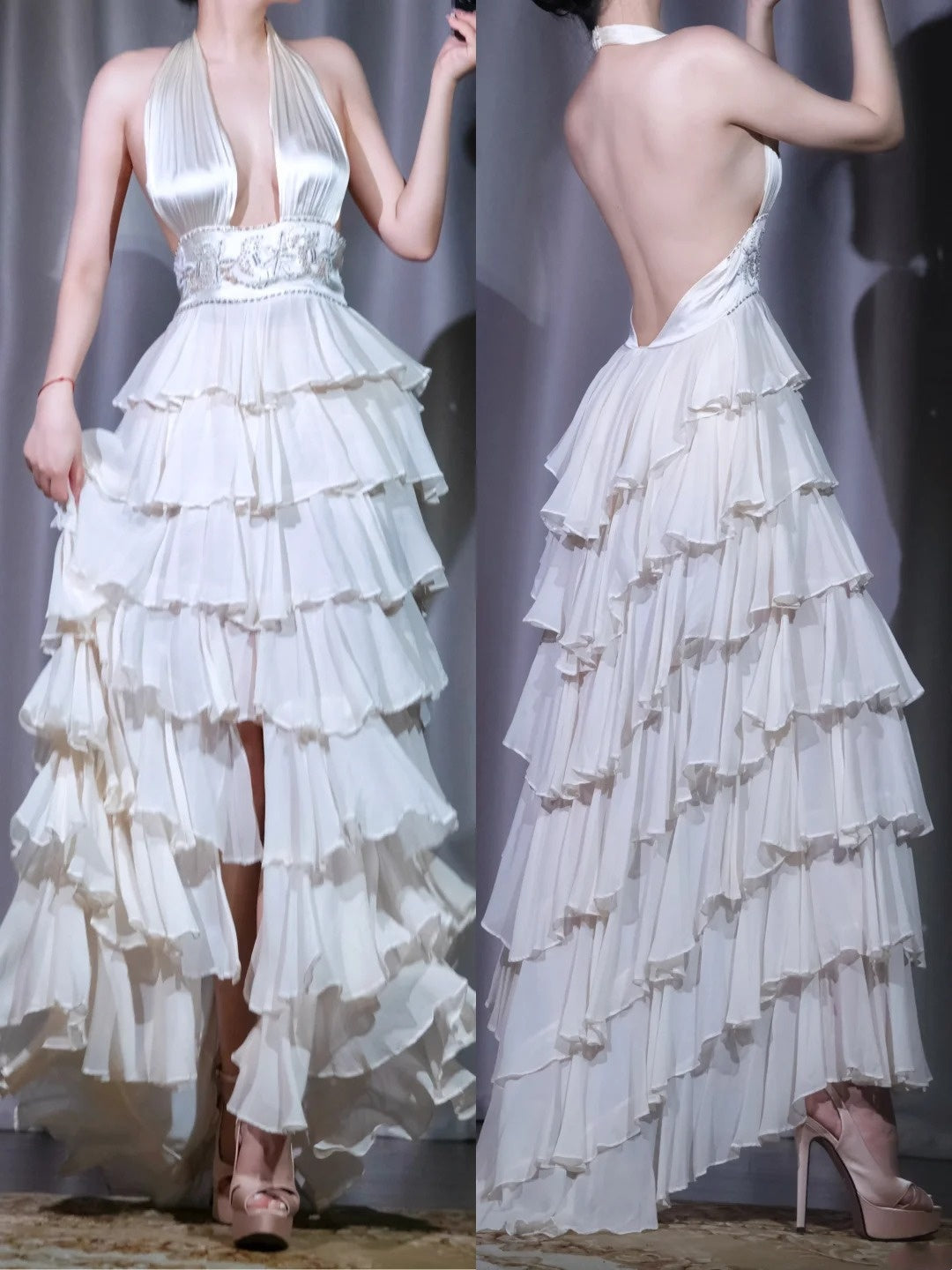 formaldressy-White exquisite retro elegant long chiffon multi-layered evening dress prom dress party dress gh5915
