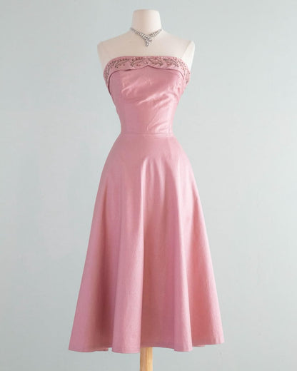 formaldressy--Pink Beaded Satin Midi Prom Dress gh5617