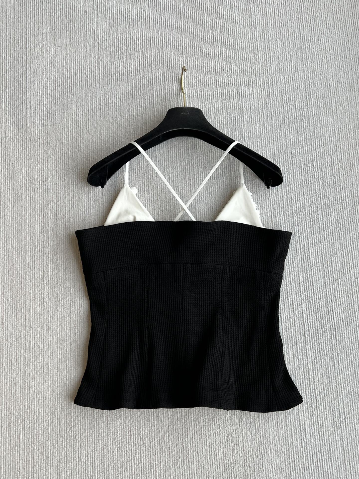 CC 25 Splicing Tube Top Camisole Black and White Mixed Fiber Waffle Jacquard Fabric 275554